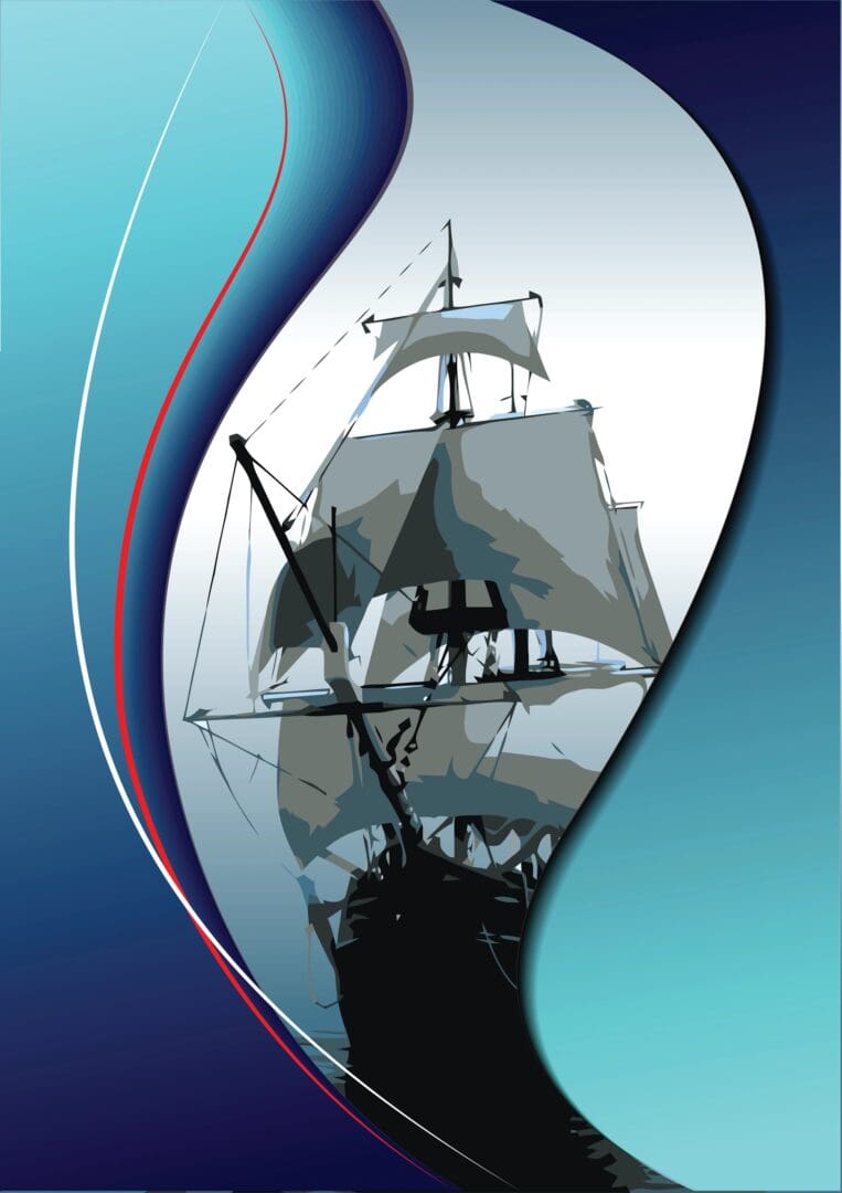 A ship is reflected in the mirror of an image.